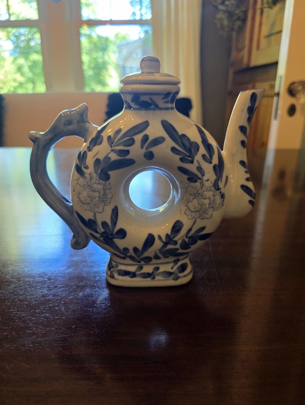 Blue and White Round Floral Ceramic Teapot - Decorative Home Art